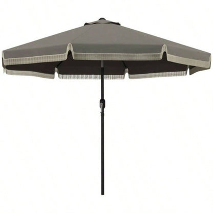 Outsunny 9ft Patio with Push Button Tilt and Crank, Ruffled Outdoor Market Table with Tassles and 8 Ribs, Garden, Deck, Pool, Dark Gray