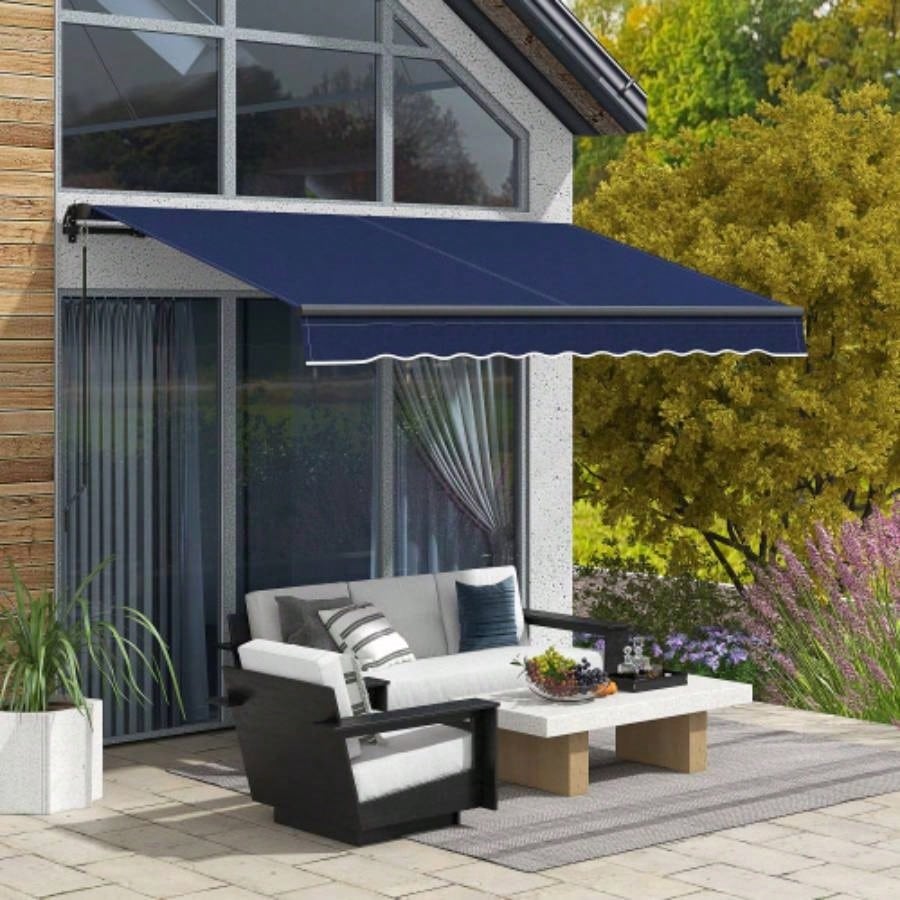 Outsunny 10x 8 Retractable Awning, Patio Awning Sunshade Shelter with Manual Crank Handle, 280gsm Resistant Fabric and Aluminum Frame Deck, Balcony, Yard, Blue