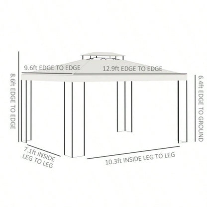 Outsunny 10x 13 Patio Gazebo, Double Roof Outdoor Gazebo Canopy Shelter with Screen Decorate Corner Frame, Garden, Lawn, Backyard and Deck, White