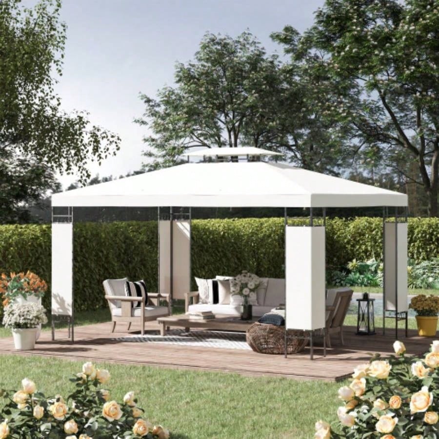 Outsunny 10x 13 Patio Gazebo, Double Roof Outdoor Gazebo Canopy Shelter with Screen Decorate Corner Frame, Garden, Lawn, Backyard and Deck, White