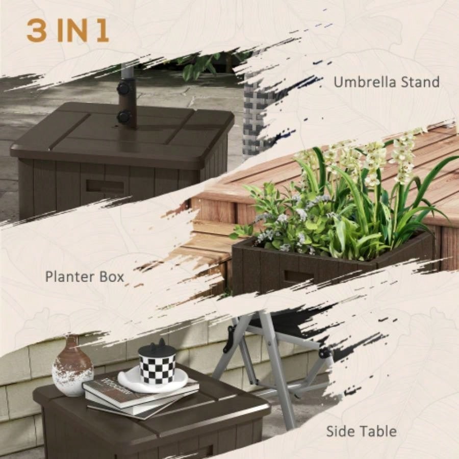Outsunny 3 - in - 1 Outdoor Base, Coffee End Table, Flower Box Planter with Drain Hole, 175 lbs. Capacity Fillable Patio Stand Table with Wheels and Handles, Brown