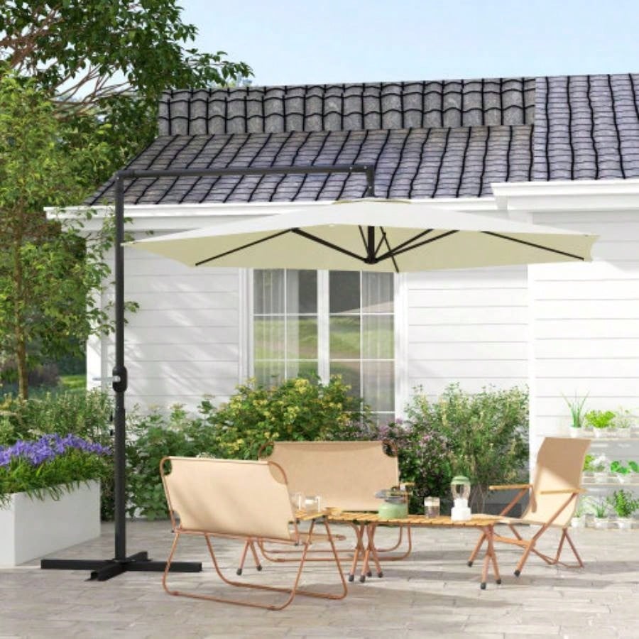 Outsunny 9.5FT Cantilever Patio with Crank, Base and Vent, Round Hanging Offset, Heavy Duty Outdoor Garden, Pool, Backyard, Deck, Beige