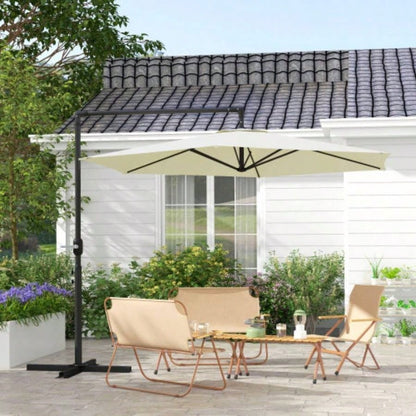 Outsunny 9.5FT Cantilever Patio with Crank, Base and Vent, Round Hanging Offset, Heavy Duty Outdoor Garden, Pool, Backyard, Deck, Beige