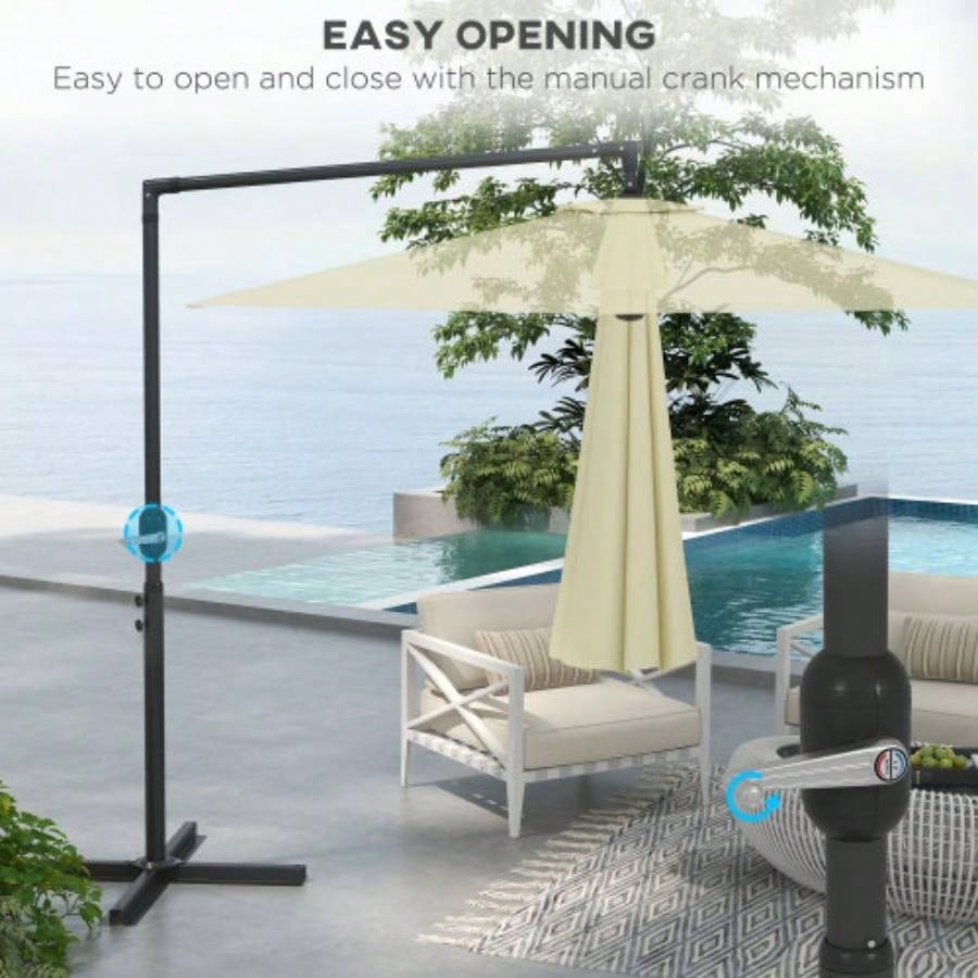 Outsunny 9.5FT Cantilever Patio with Crank, Base and Vent, Round Hanging Offset, Heavy Duty Outdoor Garden, Pool, Backyard, Deck, Beige
