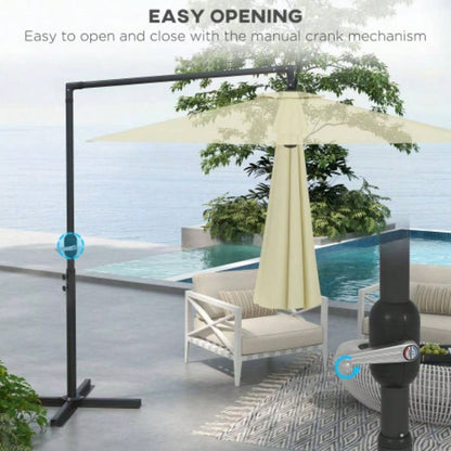 Outsunny 9.5FT Cantilever Patio with Crank, Base and Vent, Round Hanging Offset, Heavy Duty Outdoor Garden, Pool, Backyard, Deck, Beige