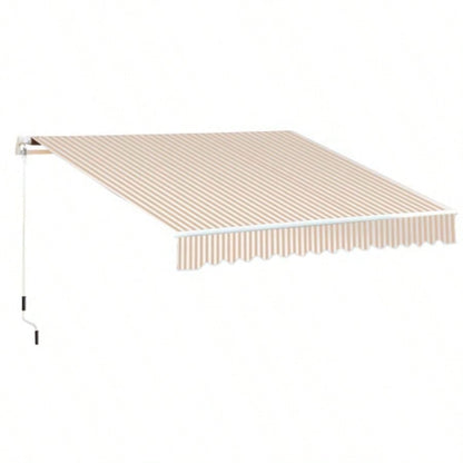 Outsunny 13x 8 Retractable Awning, Patio Awnings, Sunshade Shelter/ Manual Crank Handle, - Resistant Fabric and Aluminum Frame Deck, Balcony, Yard, Beige Stripes