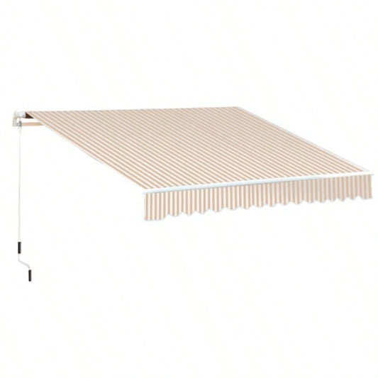 Outsunny 13x 8 Retractable Awning, Patio Awnings, Sunshade Shelter/ Manual Crank Handle, - Resistant Fabric and Aluminum Frame Deck, Balcony, Yard, Beige Stripes
