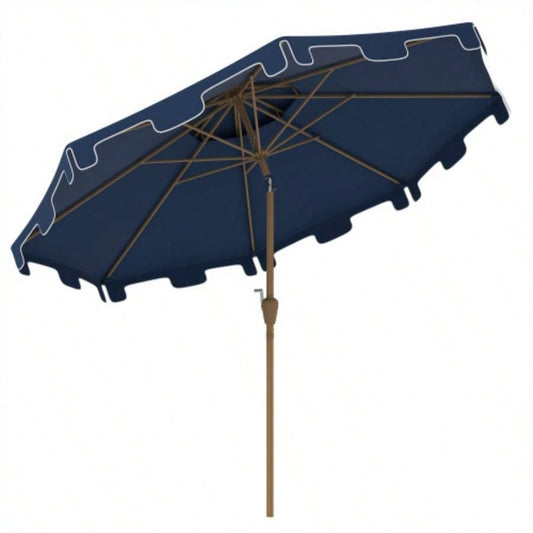 Outsunny 9 Patio with Push Button Tilt and Crank, Double Top Ruffled Outdoor Market Table with 8 Ribs, Garden, Deck, Pool, Dark Blue