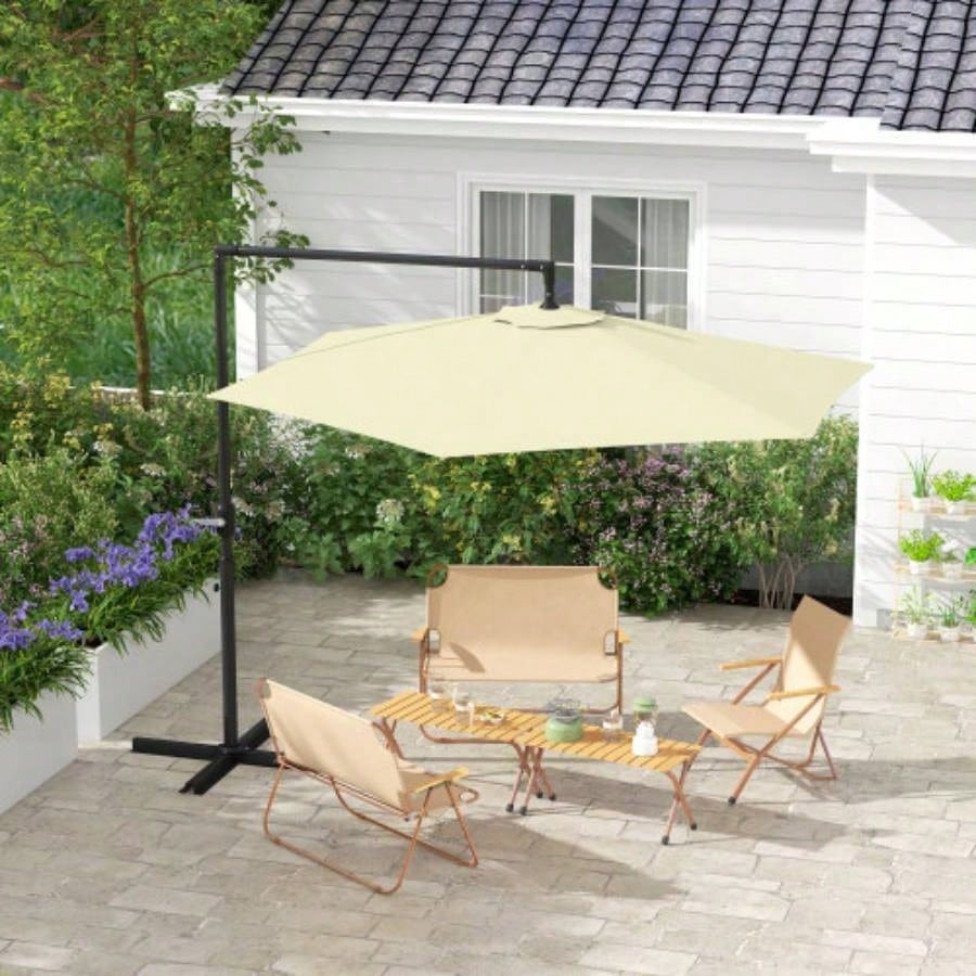 Outsunny 9.5FT Cantilever Patio with Crank, Base and Vent, Round Hanging Offset, Heavy Duty Outdoor Garden, Pool, Backyard, Deck, Beige