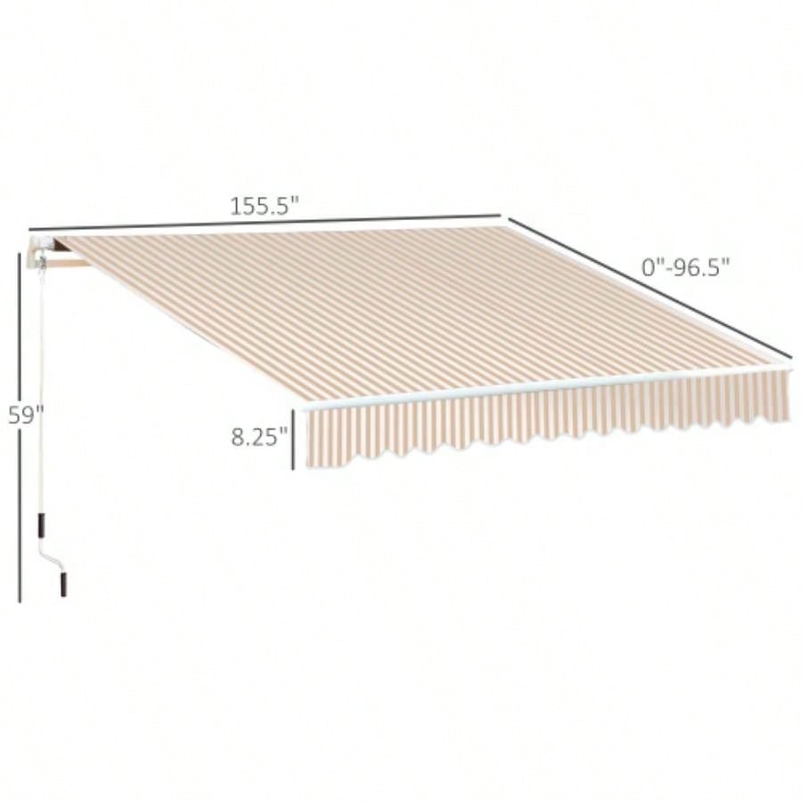 Outsunny 13x 8 Retractable Awning, Patio Awnings, Sunshade Shelter/ Manual Crank Handle, - Resistant Fabric and Aluminum Frame Deck, Balcony, Yard, Beige Stripes