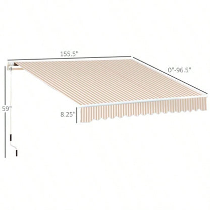 Outsunny 13x 8 Retractable Awning, Patio Awnings, Sunshade Shelter/ Manual Crank Handle, - Resistant Fabric and Aluminum Frame Deck, Balcony, Yard, Beige Stripes