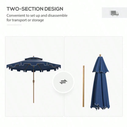 Outsunny 9 Patio with Push Button Tilt and Crank, Double Top Ruffled Outdoor Market Table with 8 Ribs, Garden, Deck, Pool, Dark Blue