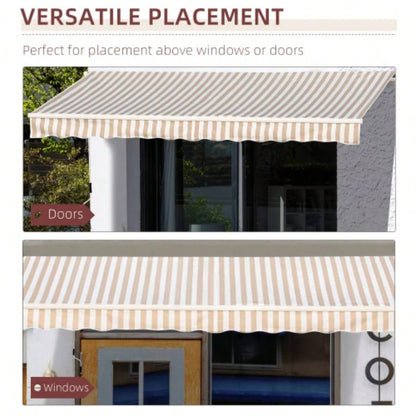 Outsunny 13x 8 Retractable Awning, Patio Awnings, Sunshade Shelter/ Manual Crank Handle, - Resistant Fabric and Aluminum Frame Deck, Balcony, Yard, Beige Stripes