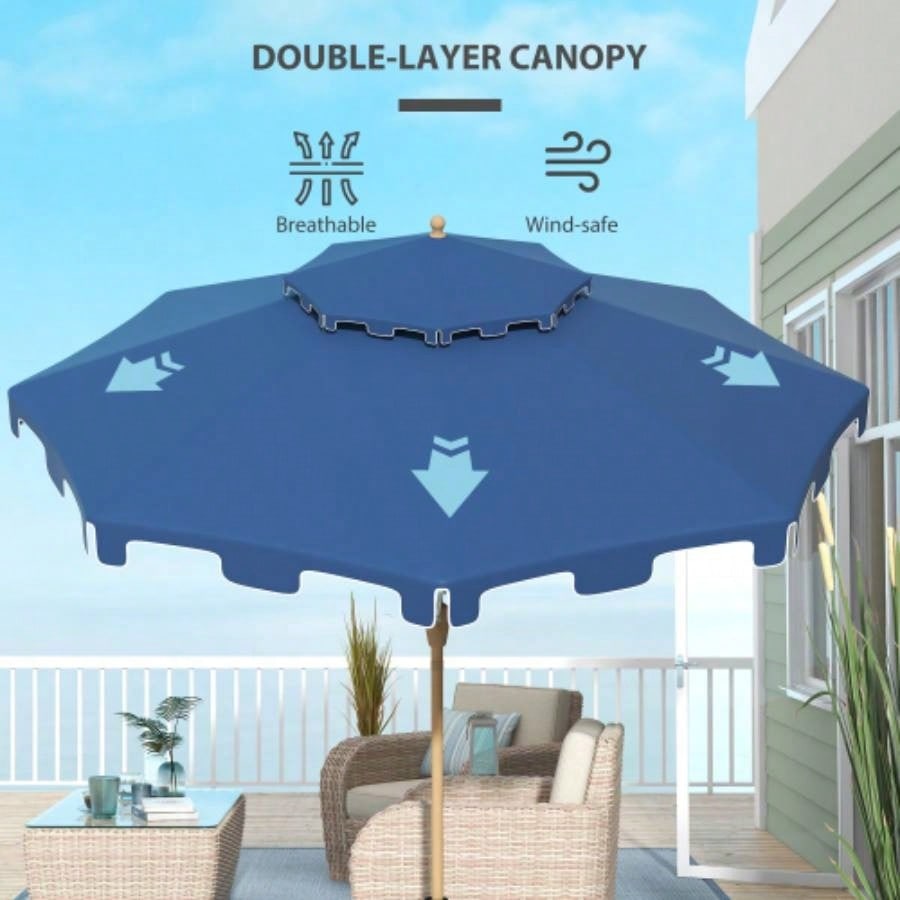 Outsunny 9 Patio with Push Button Tilt and Crank, Double Top Ruffled Outdoor Market Table with 8 Ribs, Garden, Deck, Pool, Dark Blue