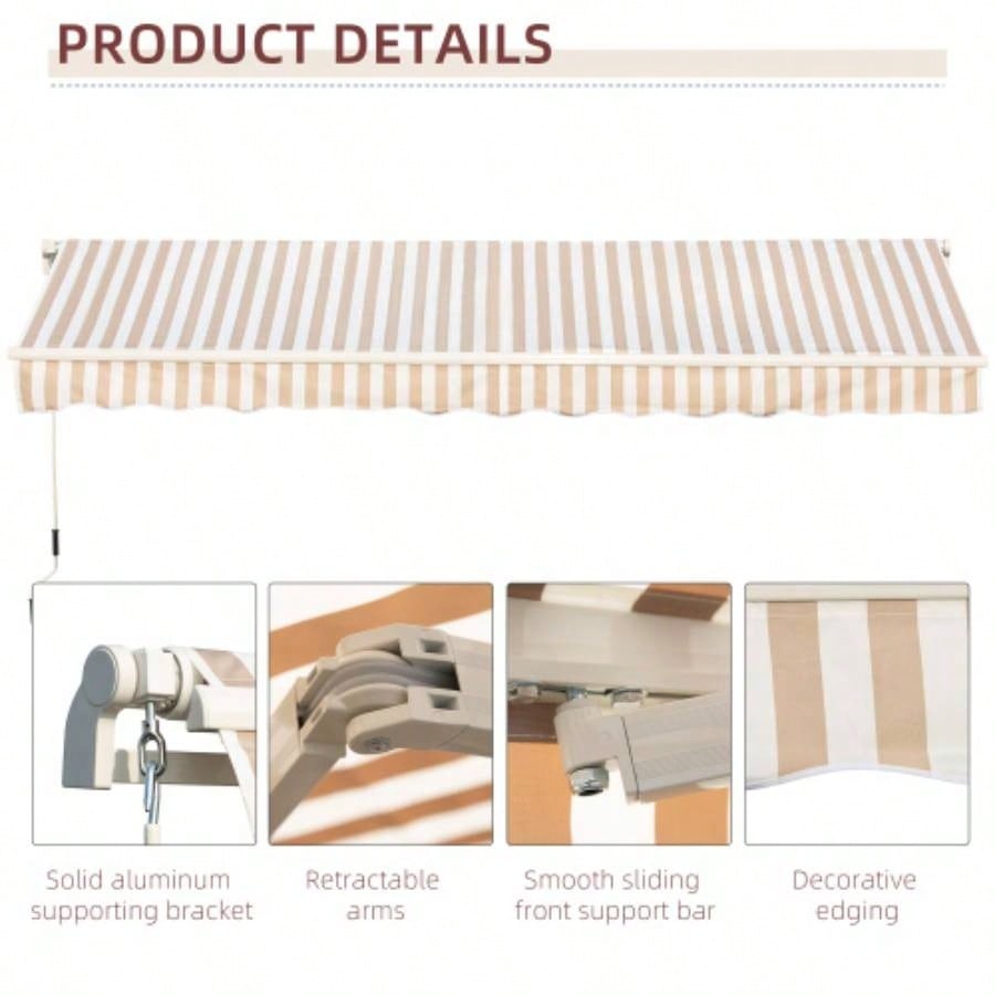 Outsunny 13x 8 Retractable Awning, Patio Awnings, Sunshade Shelter/ Manual Crank Handle, - Resistant Fabric and Aluminum Frame Deck, Balcony, Yard, Beige Stripes