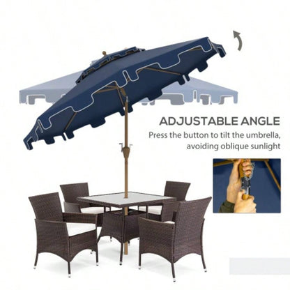 Outsunny 9 Patio with Push Button Tilt and Crank, Double Top Ruffled Outdoor Market Table with 8 Ribs, Garden, Deck, Pool, Dark Blue