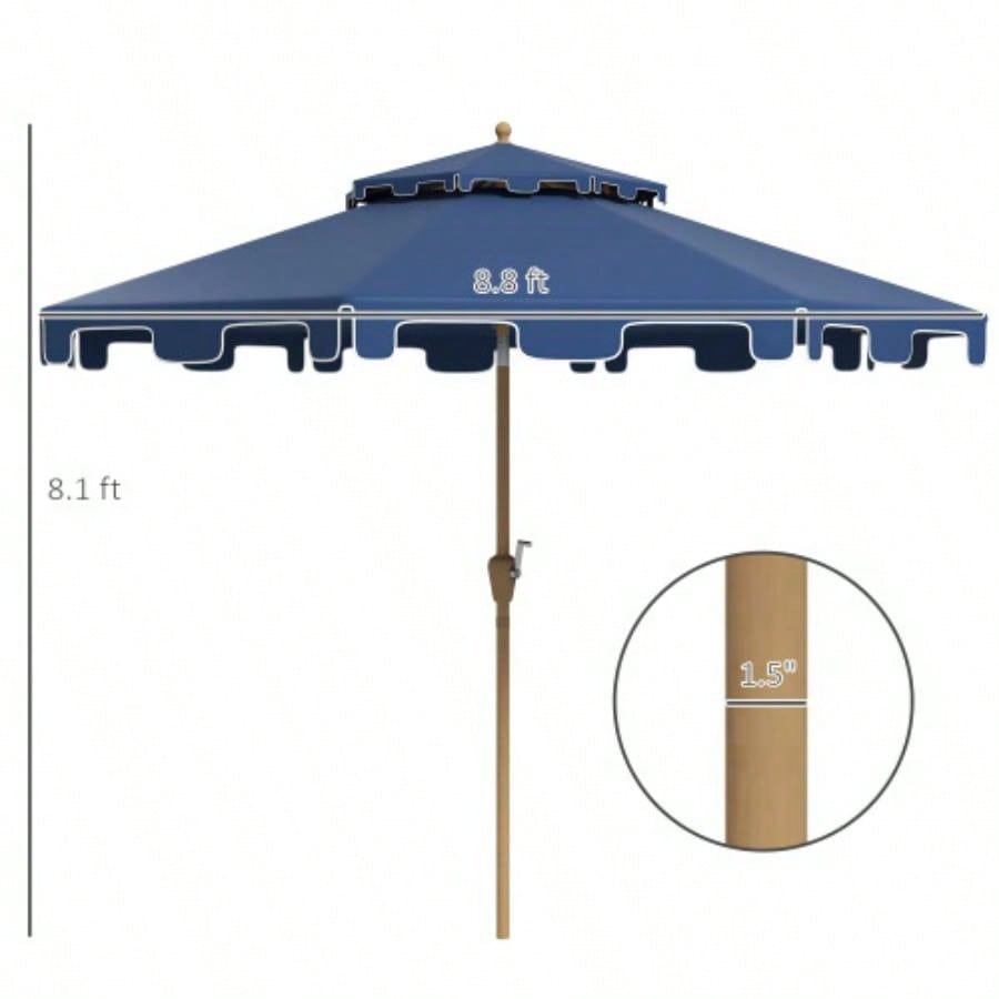 Outsunny 9 Patio with Push Button Tilt and Crank, Double Top Ruffled Outdoor Market Table with 8 Ribs, Garden, Deck, Pool, Dark Blue