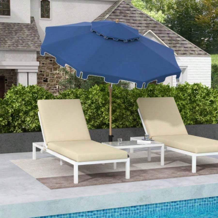 Outsunny 9 Patio with Push Button Tilt and Crank, Double Top Ruffled Outdoor Market Table with 8 Ribs, Garden, Deck, Pool, Dark Blue