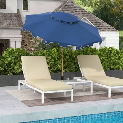 Outsunny 9 Patio with Push Button Tilt and Crank, Double Top Ruffled Outdoor Market Table with 8 Ribs, Garden, Deck, Pool, Dark Blue