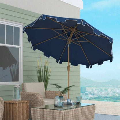 Outsunny 9 Patio with Push Button Tilt and Crank, Double Top Ruffled Outdoor Market Table with 8 Ribs, Garden, Deck, Pool, Dark Blue