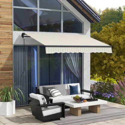 Outsunny 8x 6.5 Retractable Awning, Patio Awning Sunshade Shelter with Manual Crank Handle, 280gsm Resistant Fabric and Aluminum Frame Deck, Balcony, Yard, Beige and White