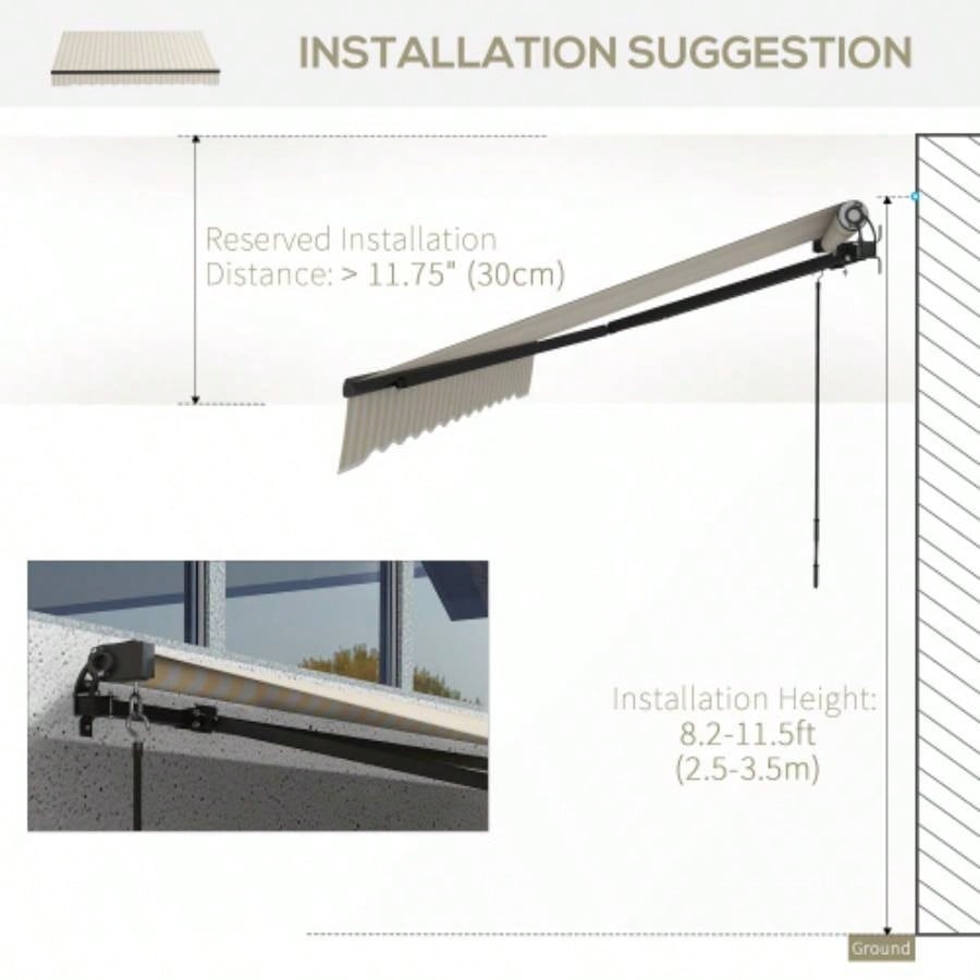 Outsunny 8x 6.5 Retractable Awning, Patio Awning Sunshade Shelter with Manual Crank Handle, 280gsm Resistant Fabric and Aluminum Frame Deck, Balcony, Yard, Beige and White
