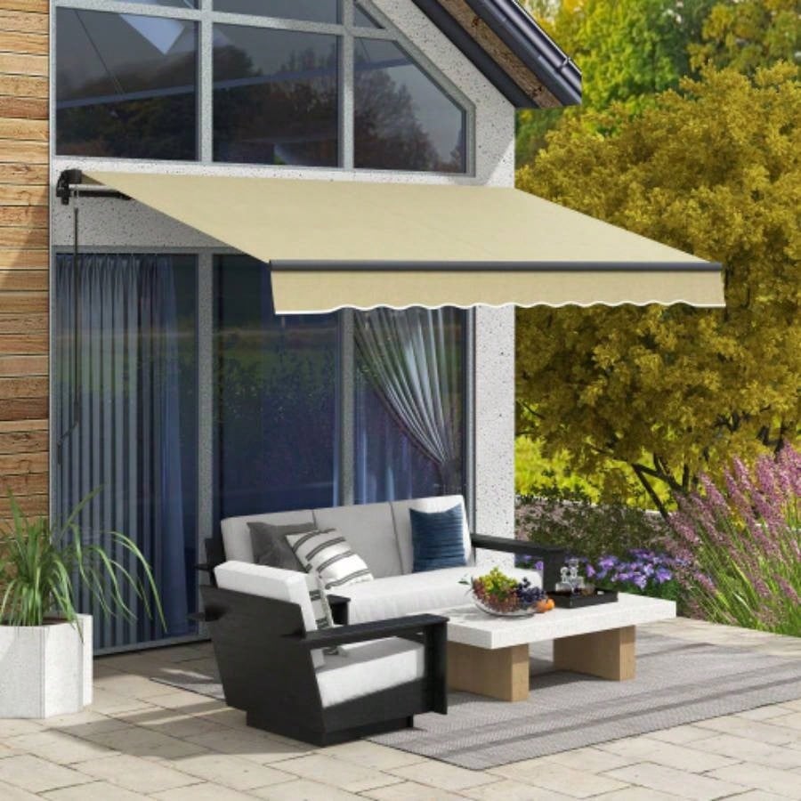 Outsunny 10x 8 Retractable Awning, Patio Awning Sunshade Shelter with Manual Crank Handle, 280gsm Resistant Fabric and Aluminum Frame Deck, Balcony, Yard, Beige