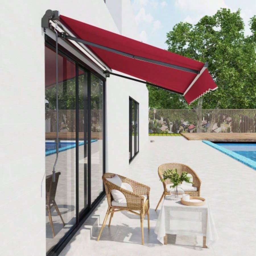 Outsunny 10x 8 Retractable Awning, Patio Awnings, Sunshade Shelter/ Manual Crank Handle, - Resistant Fabric and Aluminum Frame Deck, Balcony, Yard, Red