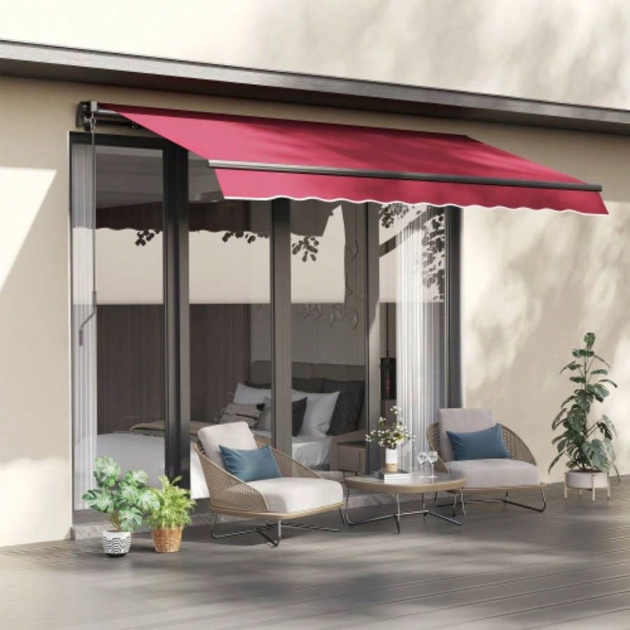 Outsunny 10x 8 Retractable Awning, Patio Awnings, Sunshade Shelter/ Manual Crank Handle, - Resistant Fabric and Aluminum Frame Deck, Balcony, Yard, Red