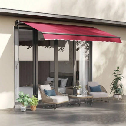 Outsunny 10x 8 Retractable Awning, Patio Awnings, Sunshade Shelter/ Manual Crank Handle, - Resistant Fabric and Aluminum Frame Deck, Balcony, Yard, Red