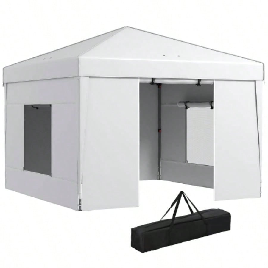 Outsunny 9. 9. Up Canopy with Sidewalls, Portable Canopy Tent with 2 Mesh, Reflective Strips, Carry Bag Events, Outdoor Party, Vendor Canopy, White