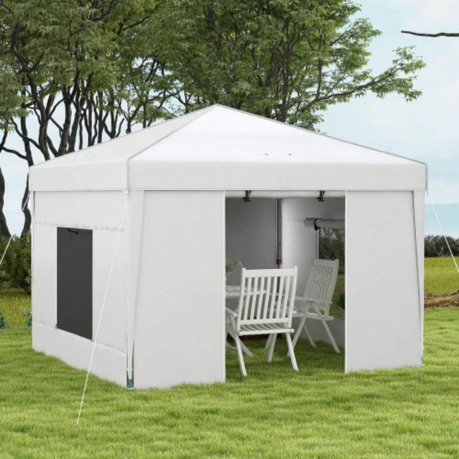 Outsunny 9. 9. Up Canopy with Sidewalls, Portable Canopy Tent with 2 Mesh, Reflective Strips, Carry Bag Events, Outdoor Party, Vendor Canopy, White