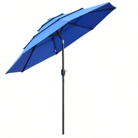 Outsunny 9FT 3 Tiers Patio Outdoor Market with Crank, Push Button Tilt Deck, Backyard and Lawn, Dark Blue