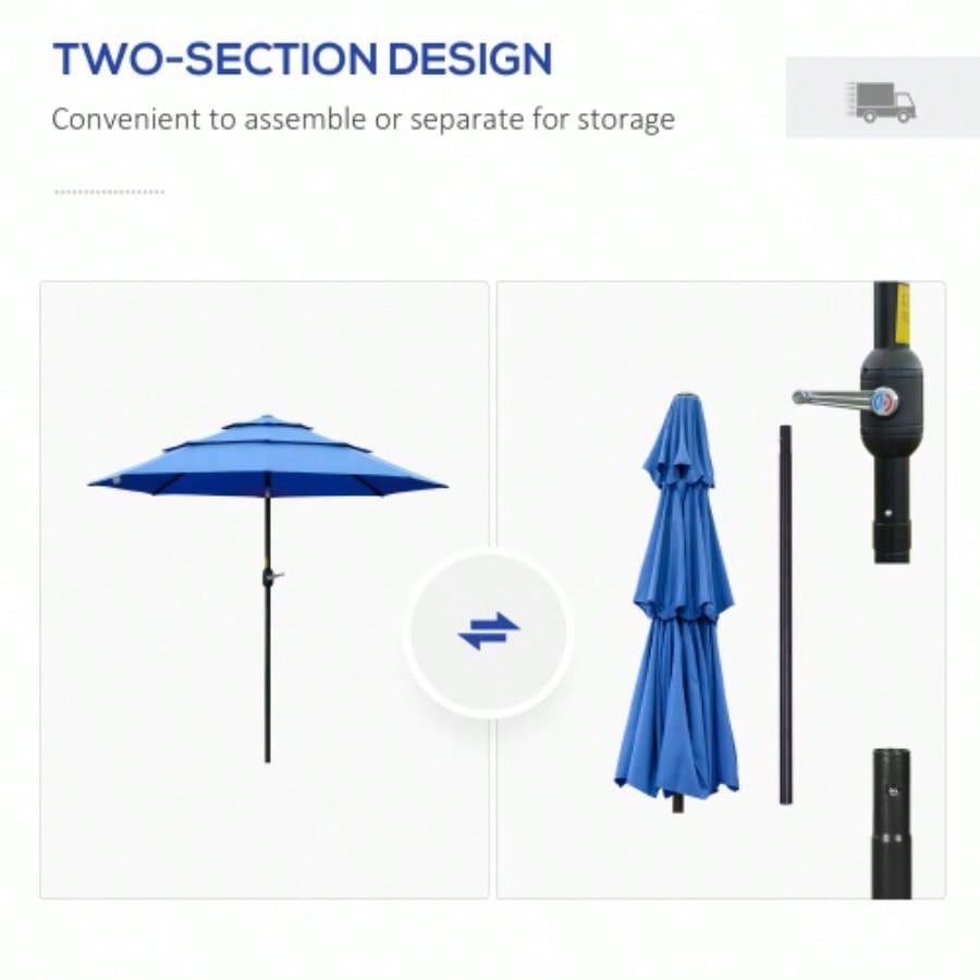 Outsunny 9FT 3 Tiers Patio Outdoor Market with Crank, Push Button Tilt Deck, Backyard and Lawn, Dark Blue
