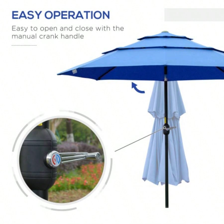 Outsunny 9FT 3 Tiers Patio Outdoor Market with Crank, Push Button Tilt Deck, Backyard and Lawn, Dark Blue