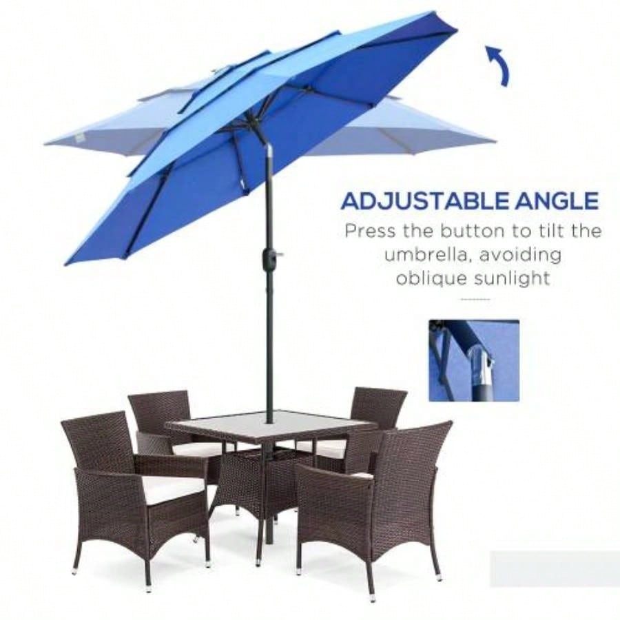 Outsunny 9FT 3 Tiers Patio Outdoor Market with Crank, Push Button Tilt Deck, Backyard and Lawn, Dark Blue