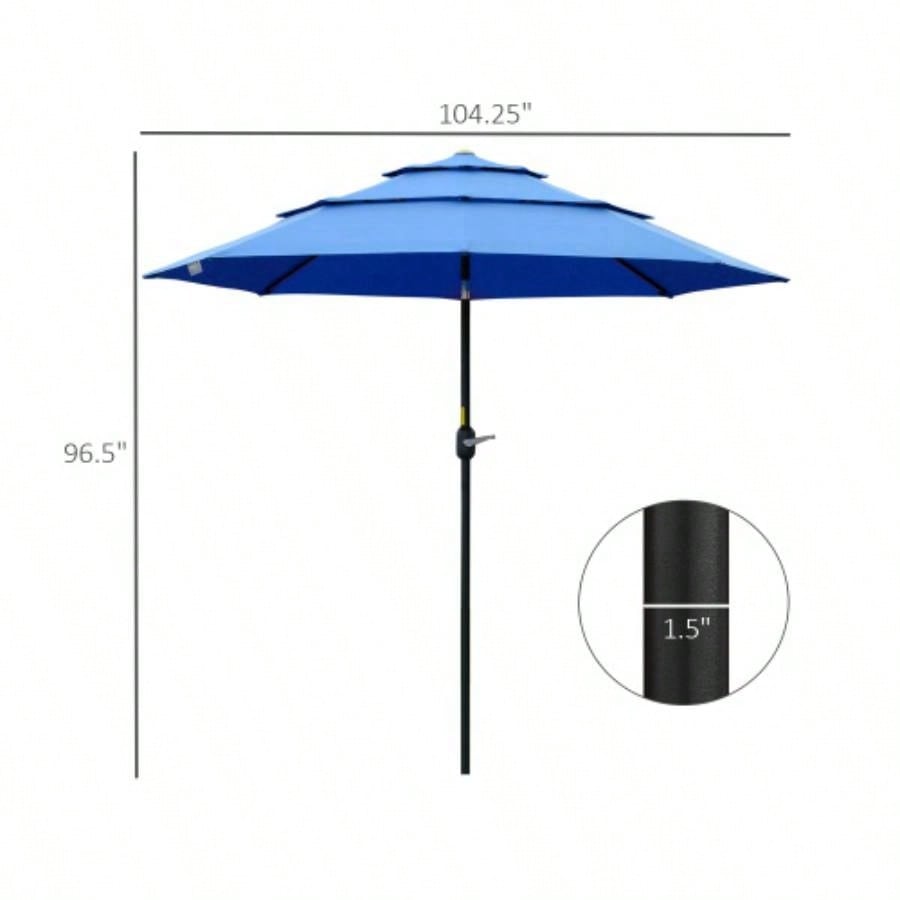 Outsunny 9FT 3 Tiers Patio Outdoor Market with Crank, Push Button Tilt Deck, Backyard and Lawn, Dark Blue