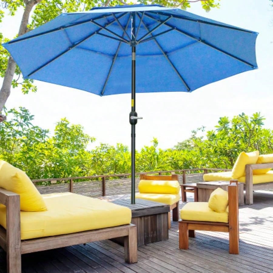 Outsunny 9FT 3 Tiers Patio Outdoor Market with Crank, Push Button Tilt Deck, Backyard and Lawn, Dark Blue