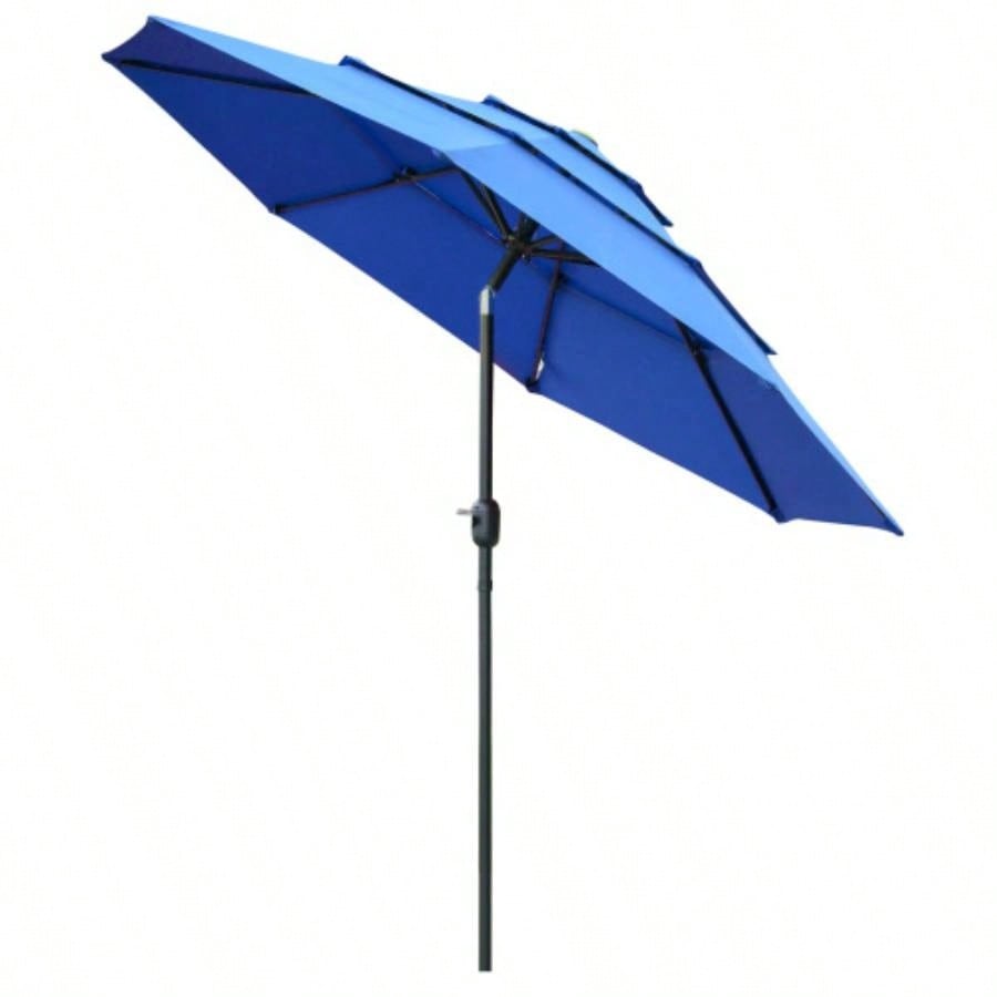 Outsunny 9FT 3 Tiers Patio Outdoor Market with Crank, Push Button Tilt Deck, Backyard and Lawn, Dark Blue
