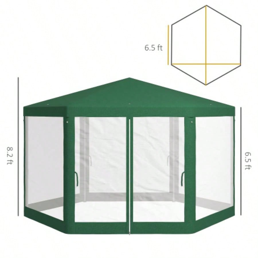 Outsunny 13x 11 Outdoor Party Tent, Hexagon Shade Shelter Canopy with Protective Mesh Screen Sidewalls, Ropes Stakes, Green