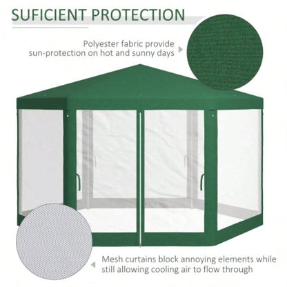 Outsunny 13x 11 Outdoor Party Tent, Hexagon Shade Shelter Canopy with Protective Mesh Screen Sidewalls, Ropes Stakes, Green