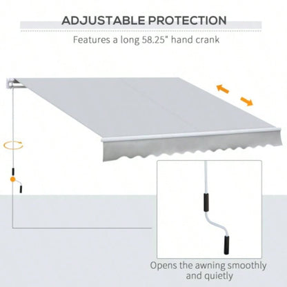 Outsunny 12x 8 Retractable Awning Patio Awnings Shade Shelter with Manual Crank Handle, 280g/ - Resistant Fabric and Aluminum Frame Deck, Balcony, Yard, Light