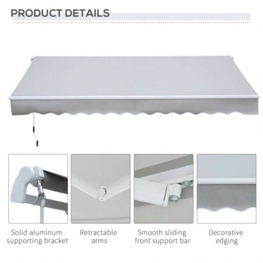 Outsunny 12x 8 Retractable Awning Patio Awnings Shade Shelter with Manual Crank Handle, 280g/ - Resistant Fabric and Aluminum Frame Deck, Balcony, Yard, Light