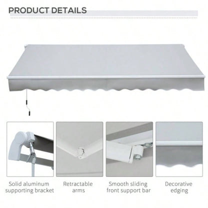 Outsunny 12x 8 Retractable Awning Patio Awnings Shade Shelter with Manual Crank Handle, 280g/ - Resistant Fabric and Aluminum Frame Deck, Balcony, Yard, Light