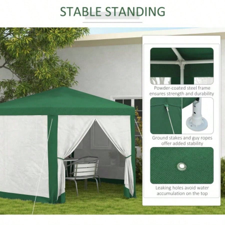 Outsunny 13x 11 Outdoor Party Tent, Hexagon Shade Shelter Canopy with Protective Mesh Screen Sidewalls, Ropes Stakes, Green
