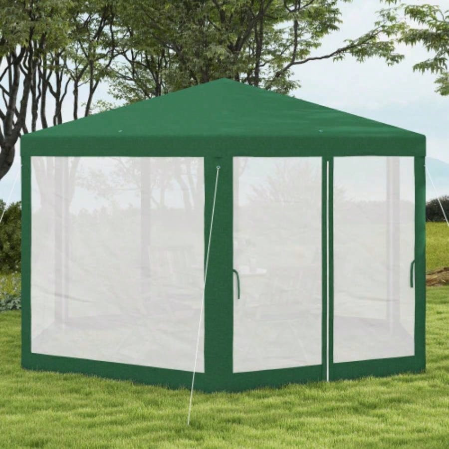 Outsunny 13x 11 Outdoor Party Tent, Hexagon Shade Shelter Canopy with Protective Mesh Screen Sidewalls, Ropes Stakes, Green