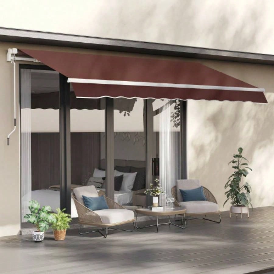Outsunny 12x 8 Retractable Awning Patio Awnings Shade Shelter with Manual Crank Handle, 280g/ - Resistant Fabric and Aluminum Frame Deck, Balcony, Yard, Brown
