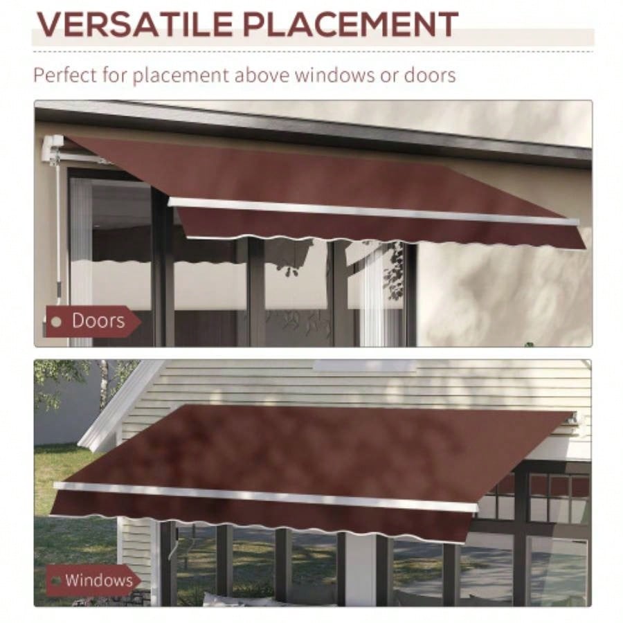 Outsunny 12x 8 Retractable Awning Patio Awnings Shade Shelter with Manual Crank Handle, 280g/ - Resistant Fabric and Aluminum Frame Deck, Balcony, Yard, Brown