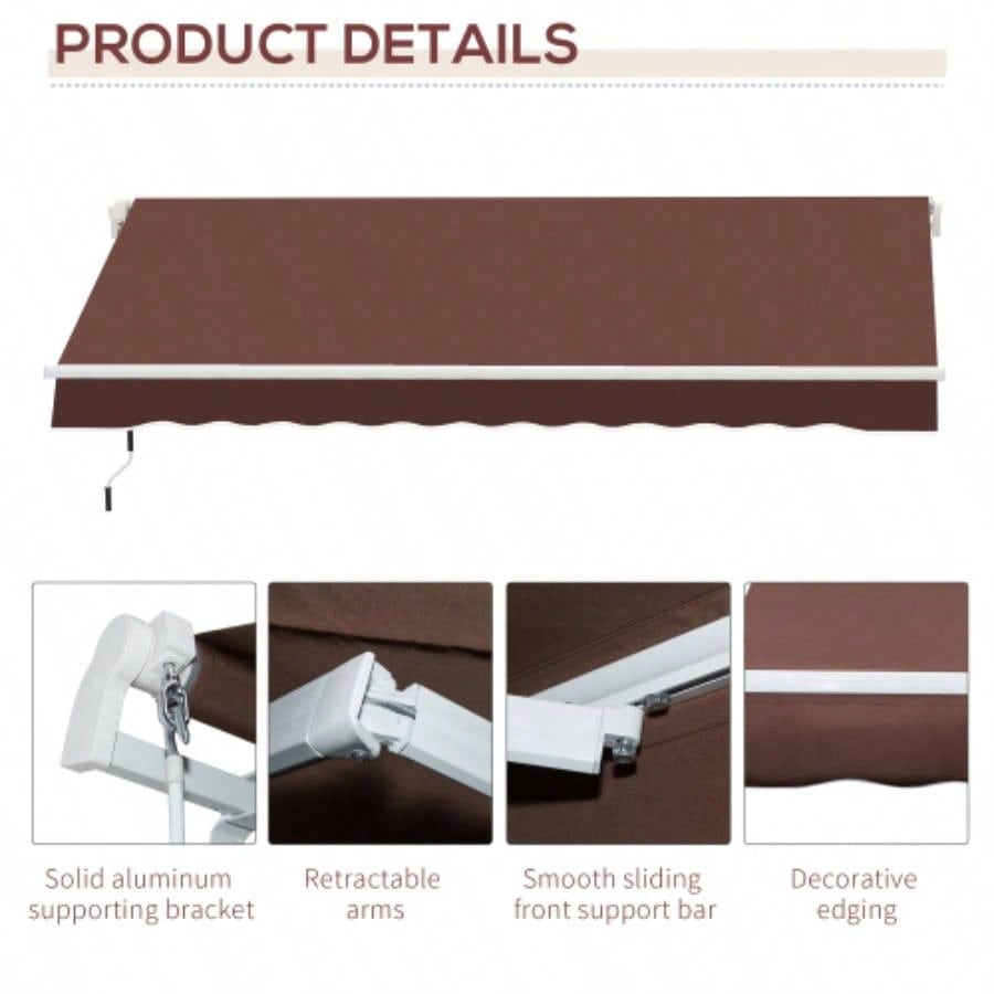 Outsunny 12x 8 Retractable Awning Patio Awnings Shade Shelter with Manual Crank Handle, 280g/ - Resistant Fabric and Aluminum Frame Deck, Balcony, Yard, Brown
