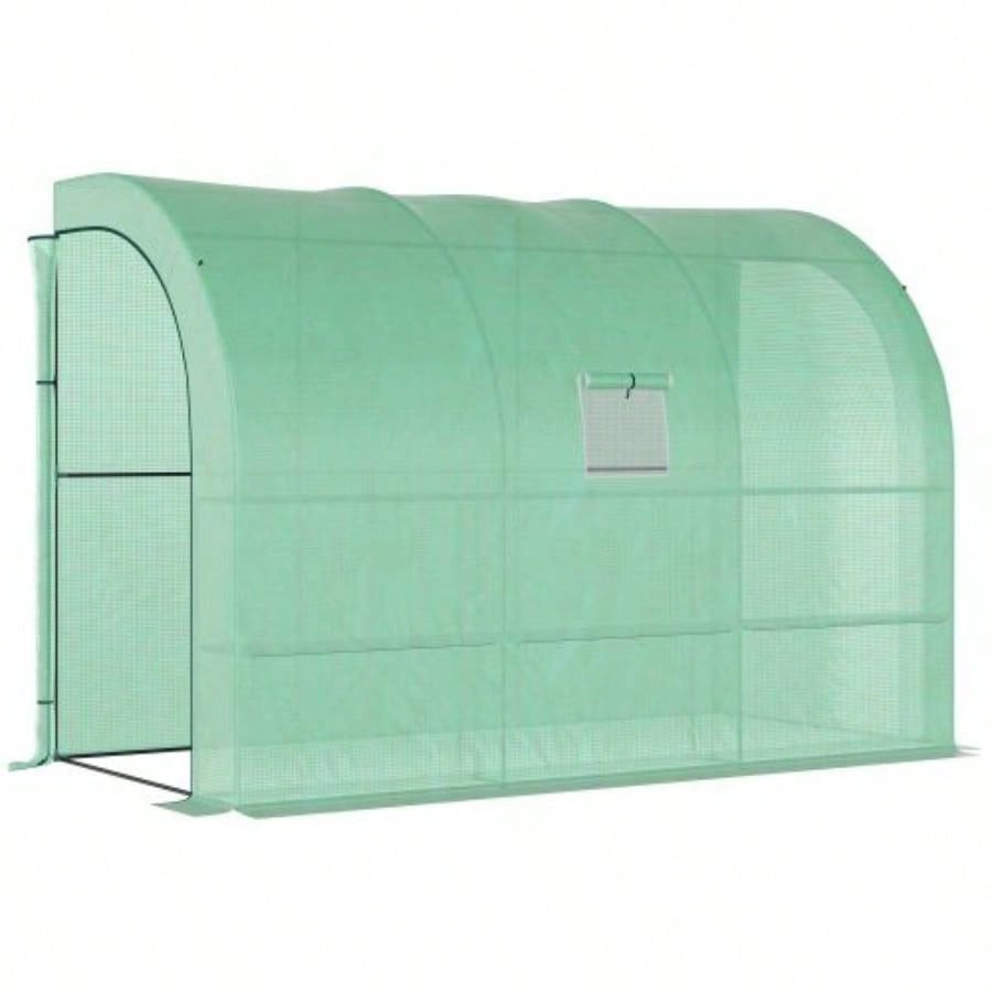 10x 5x Lean to Greenhouse, Walk - In Green House, Plant Nursery with 2 Roll - up Doors and, PE Cover and 3 Wire Shelves, Green